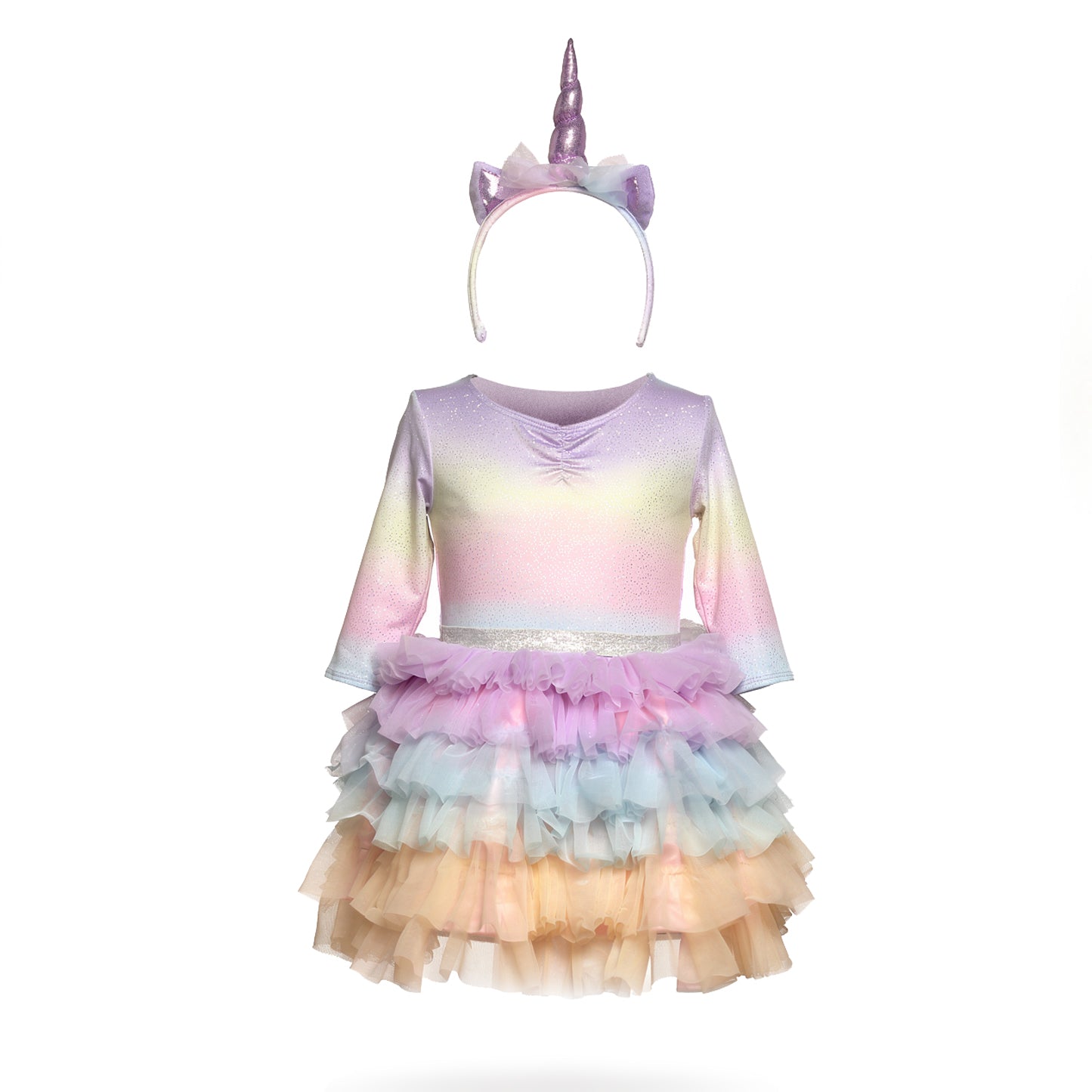 Enhörningsklänning i regnbågsfärger med en unicorn diadem