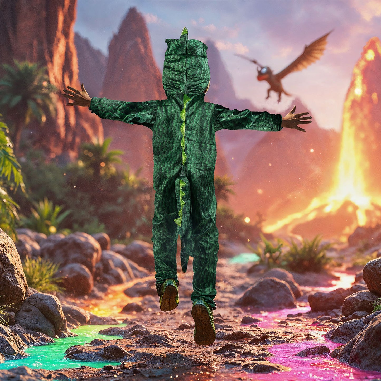 Baksida av grön dinosaurie onepiece maskeraddräkt för barn