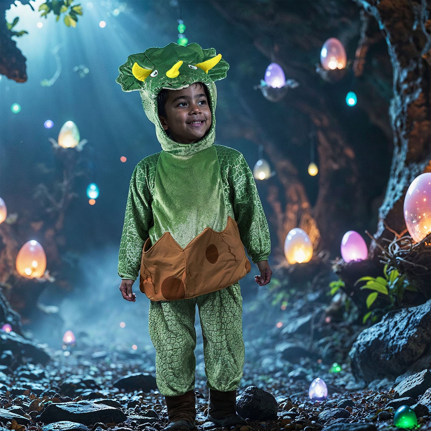 Grön triceratops dinosauriedräkt maskeraddräkt för barn