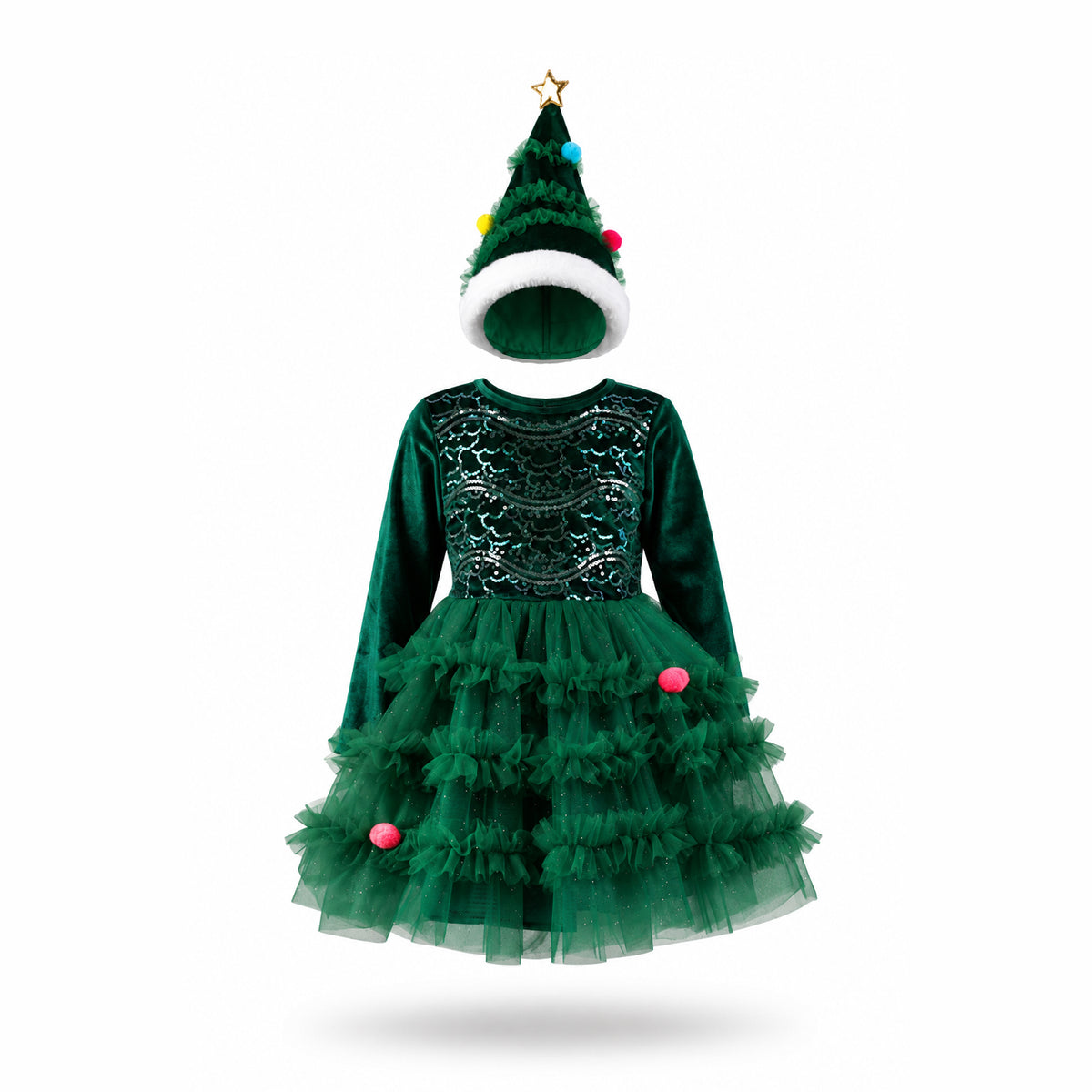 Grön julgransklänning med glitter, paljetter, tyllkjol och julgransmössa för barn.