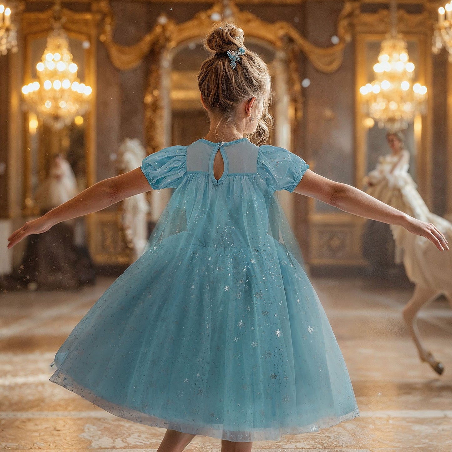 Baksida av ljusblå prinsessklänning för barn