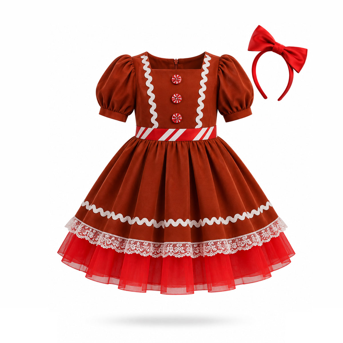 Julklänning, pepparkaksklänning med diadem, rödivda knappar, tyllkjol och vita dekorationer.
