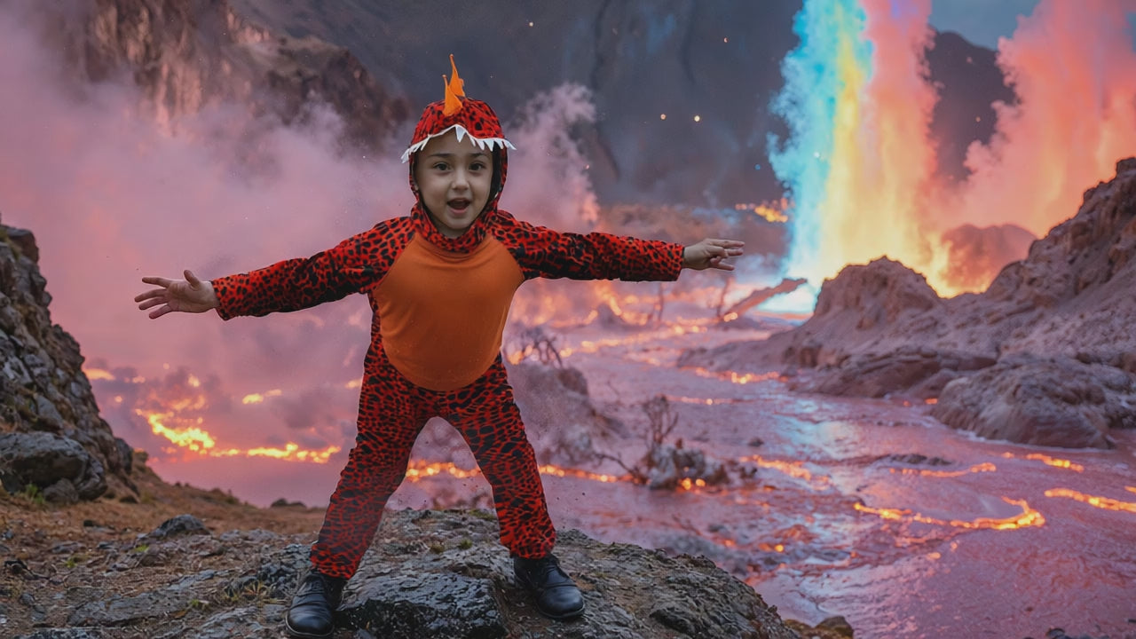 Video på röd drake onepiece maskeraddräkt för barn