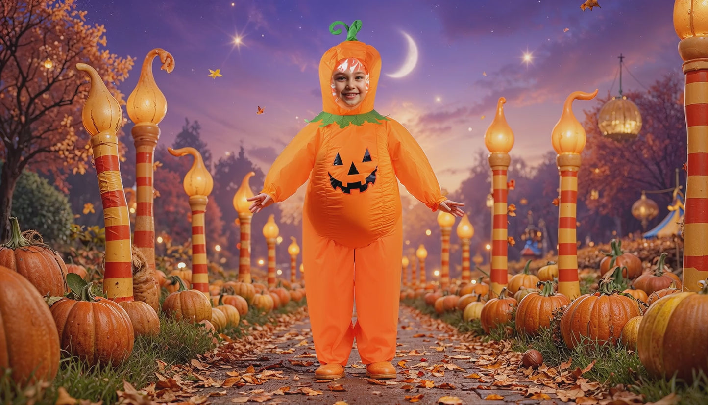 Video på uppblåsbar halloween pumpadräkt för barn 
