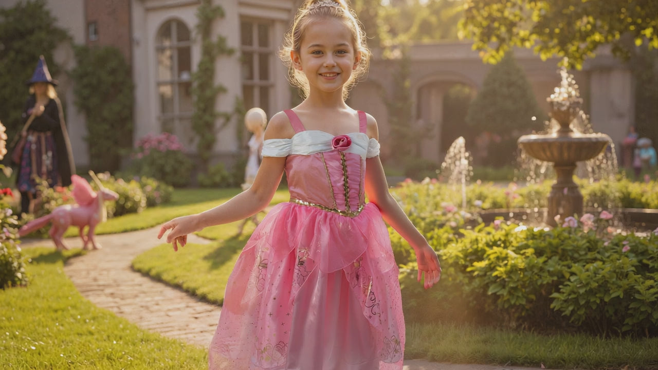 Video på lång rosa prinsess klänning för barn