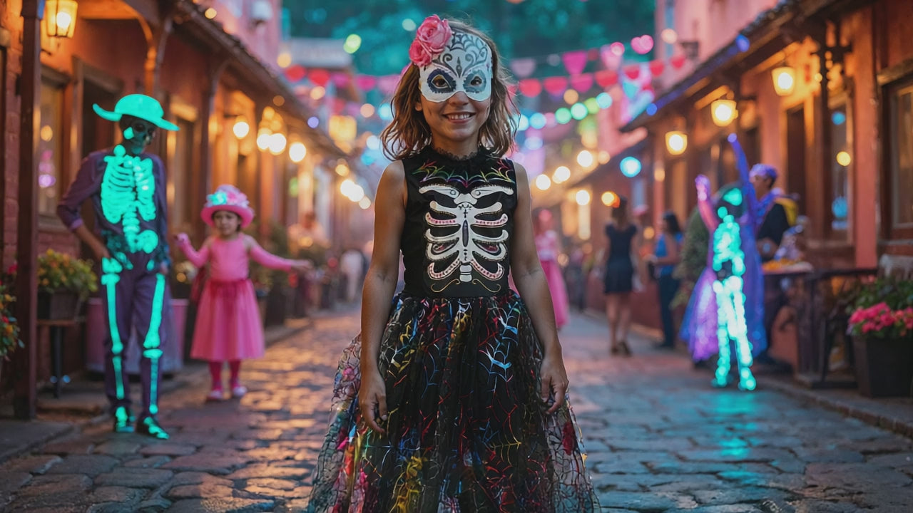 Video på halloweenklänning med mask och tights