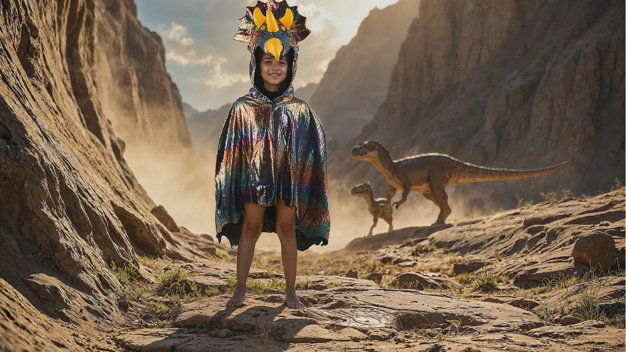 Video på regnbågsfärgad dinosauriemantel med huva