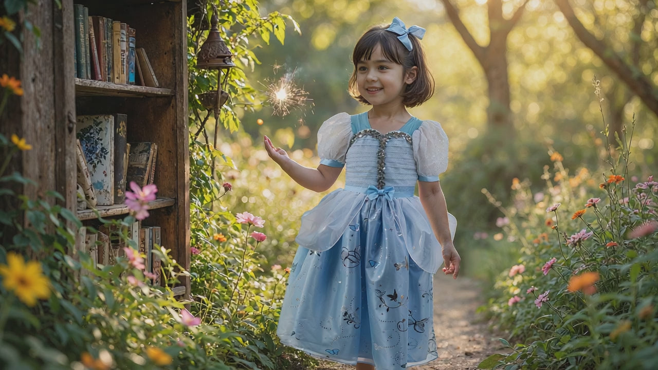 Video på lång ljusblå prinsessklänning för barn
