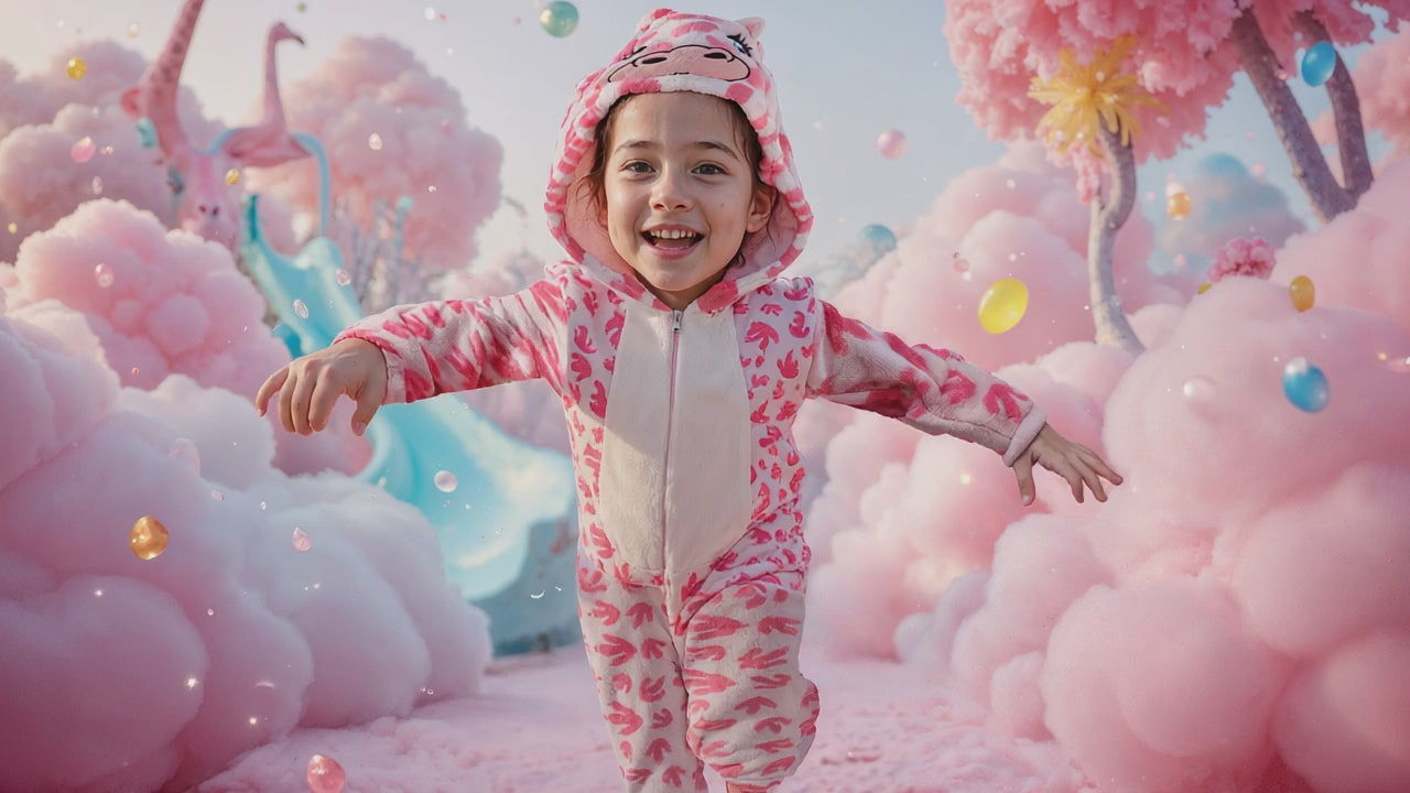 Video på rosa dinosaurie onepiece maskeraddräkt för barn