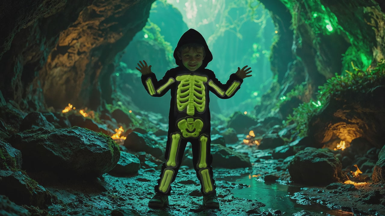 Video av självlysande skelett onepiece för barn