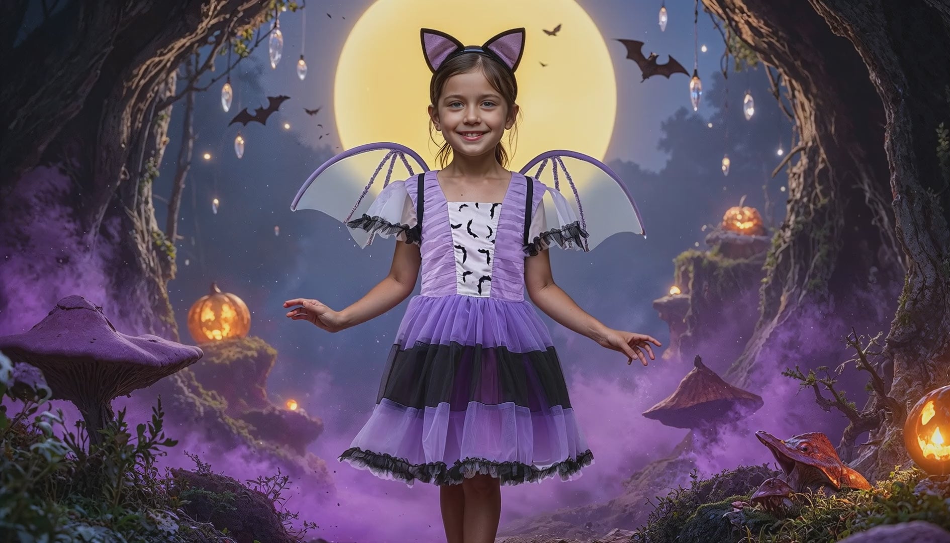 Video på halloween fladdermusklänning för barn