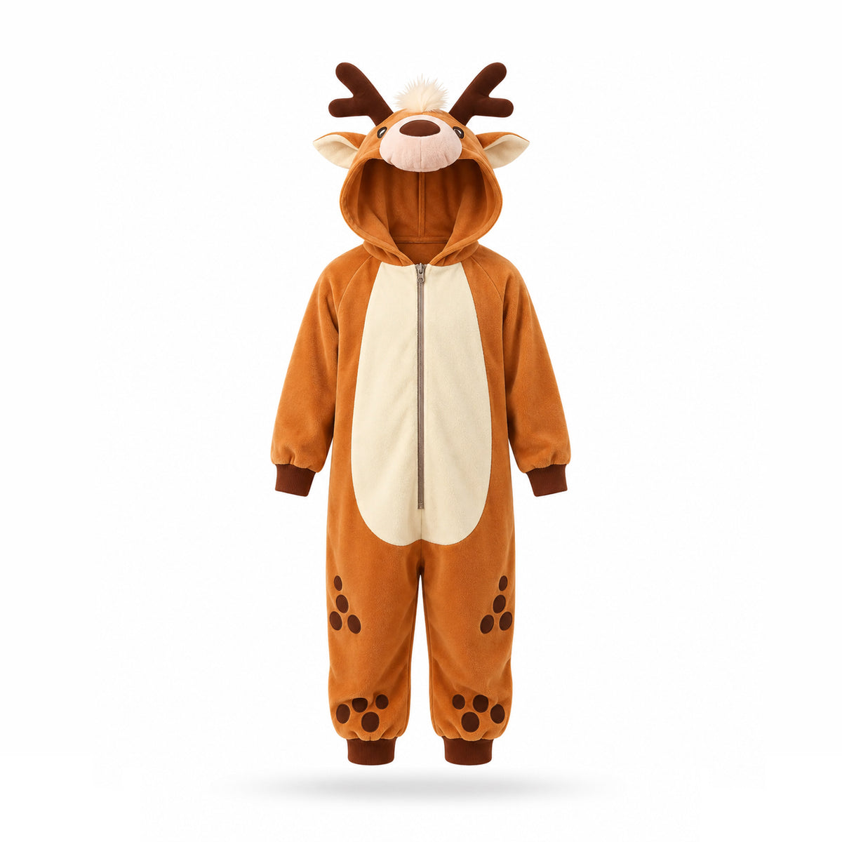 En rendräkt för barn med dragkedja fram och horn på huvudet, en onepiece.