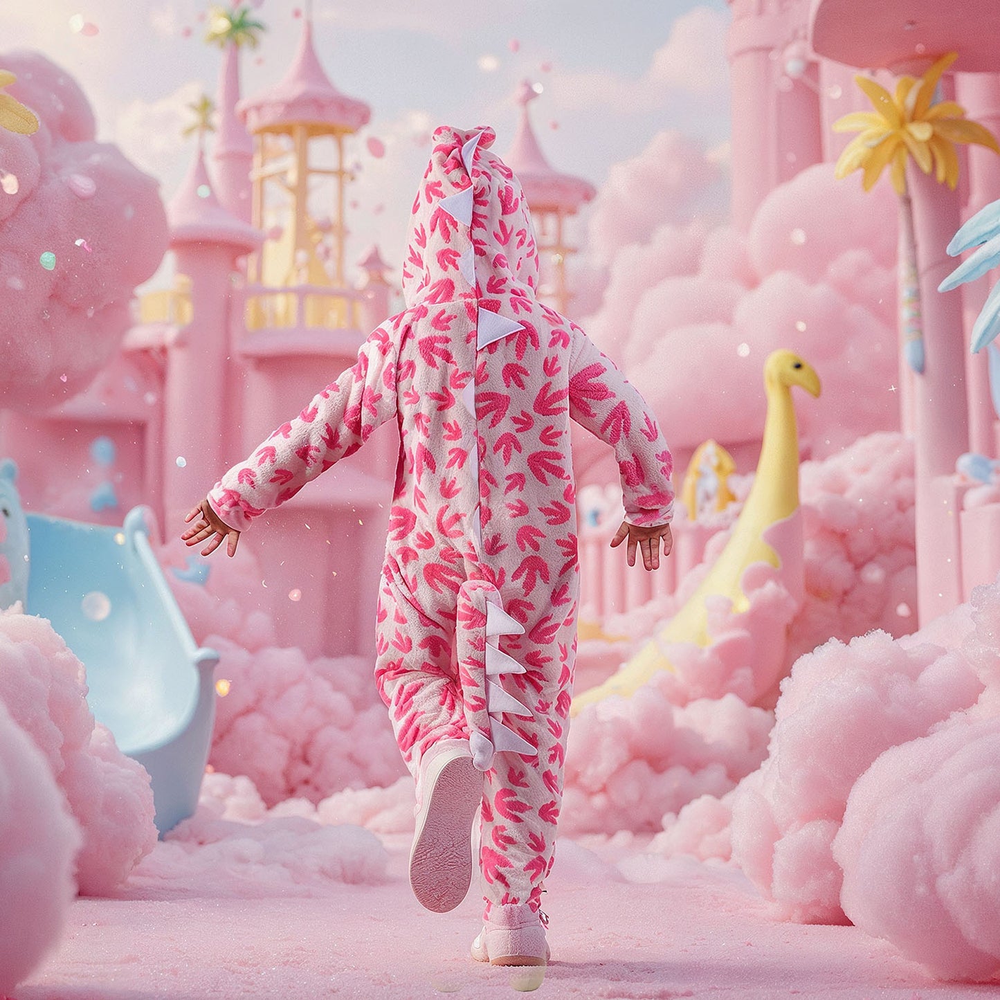 Baksida av rosa dinosaurie onepiece maskeraddräkt för barn